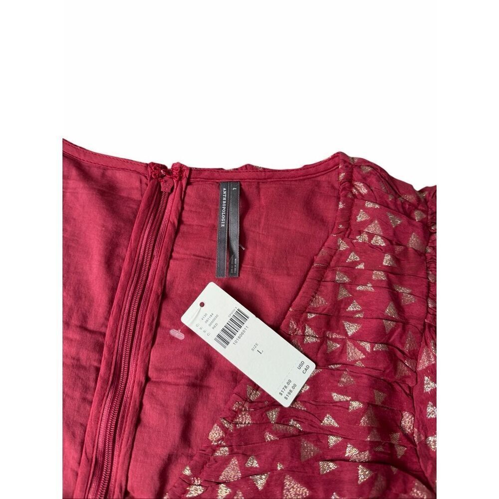 Anthropologie Mini Dress Short Sleeve Ruffled V neck Garnet Red size Large‎ - Picture 6 of 10